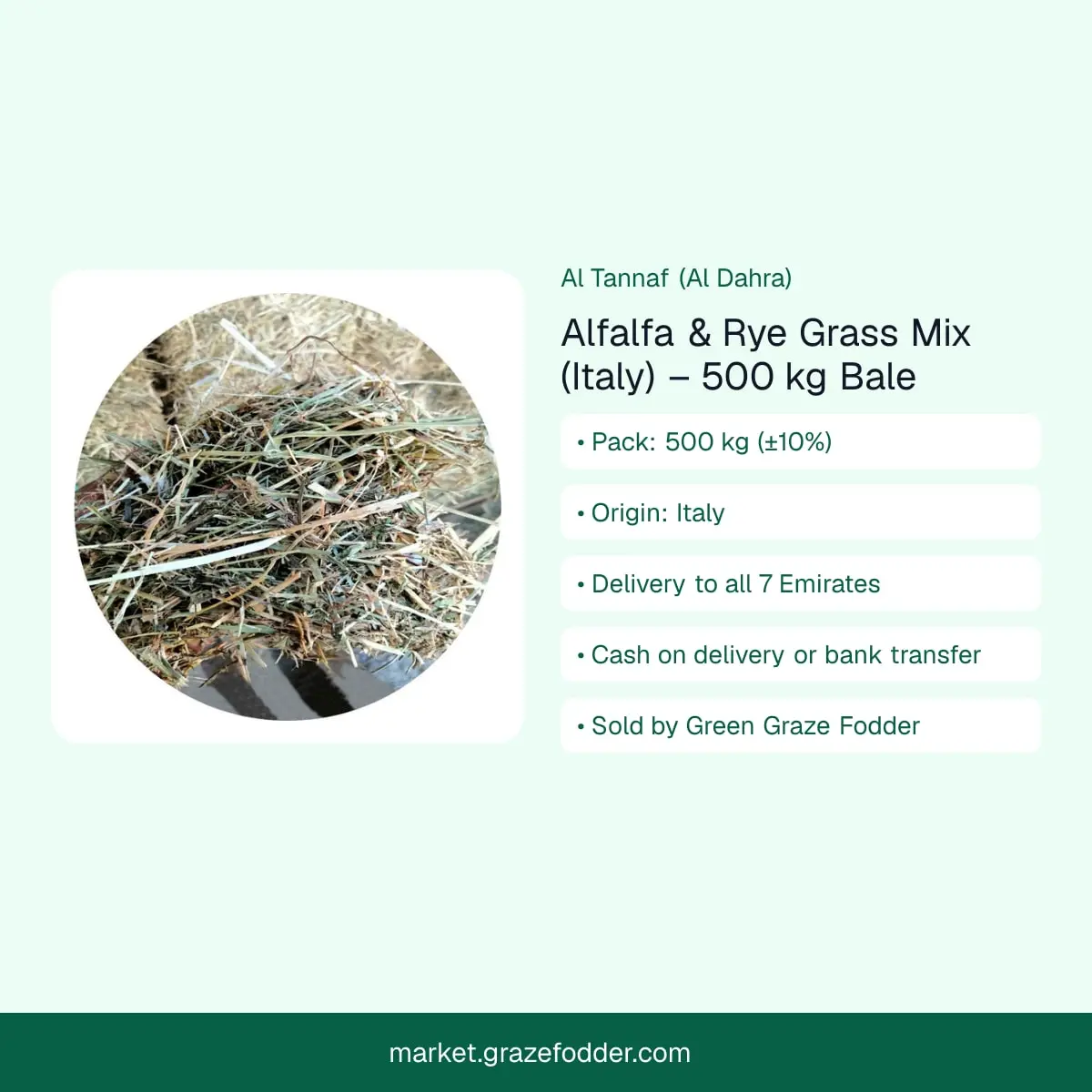 Alfalfa and rye grass mix (Italy) 500 kg bale – product summary, delivered to all 7 Emirates